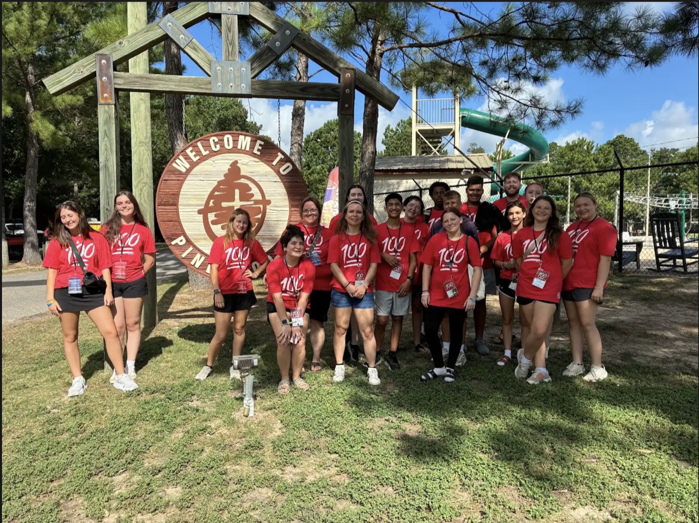 Bethel’s youth group gathered at Pineywoods camp in matching red shirts